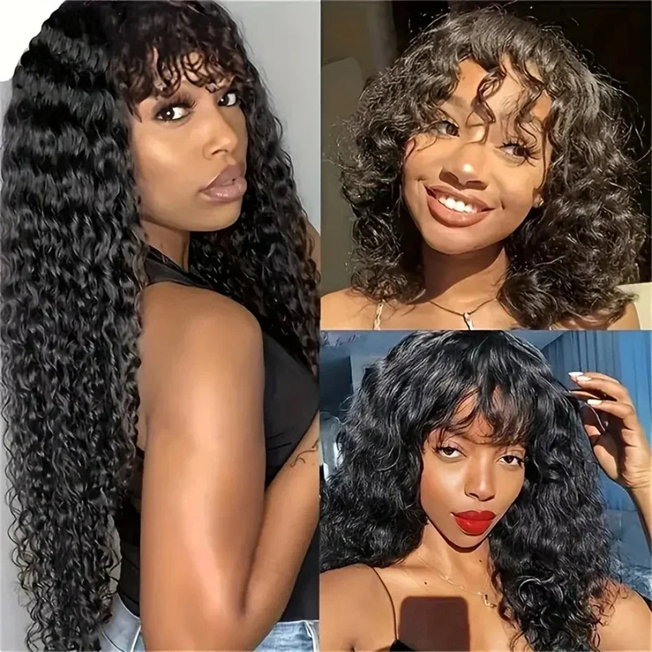 30 Inch Loose Water Wave Wig with Bangs | Full Machine Made Brazilian Remy Human Hair (Natural, All Colors Dyeable)