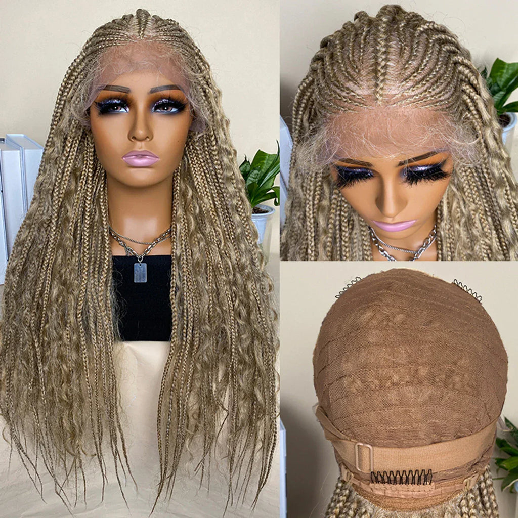 28" 613 Blonde Straight Cornrow Box Braids Lace Front Wig - Long Synthetic Knotless Braids with Baby Hair
