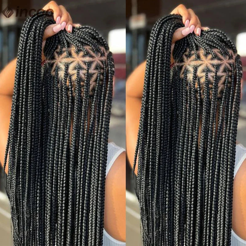 26" Triangle Box Braids Wig | Cornrow Accents | Knotless Braids | Lace Frontal | Synthetic Hair | Black Women