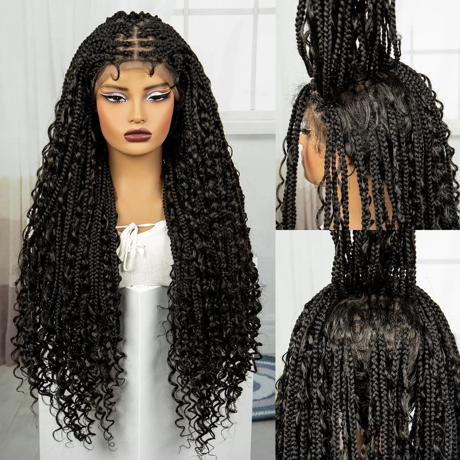 36" Knotless Box Braids Wig | Bohemian Style | Curly Ends | Lace Front | With Baby Hair | For Black Women