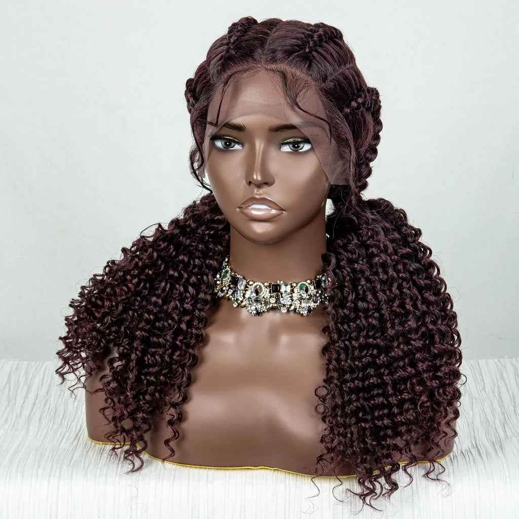 22" Box Braids Full Lace Wig | Two Curly Ponytails | Baby Hair | Synthetic Braided Wig