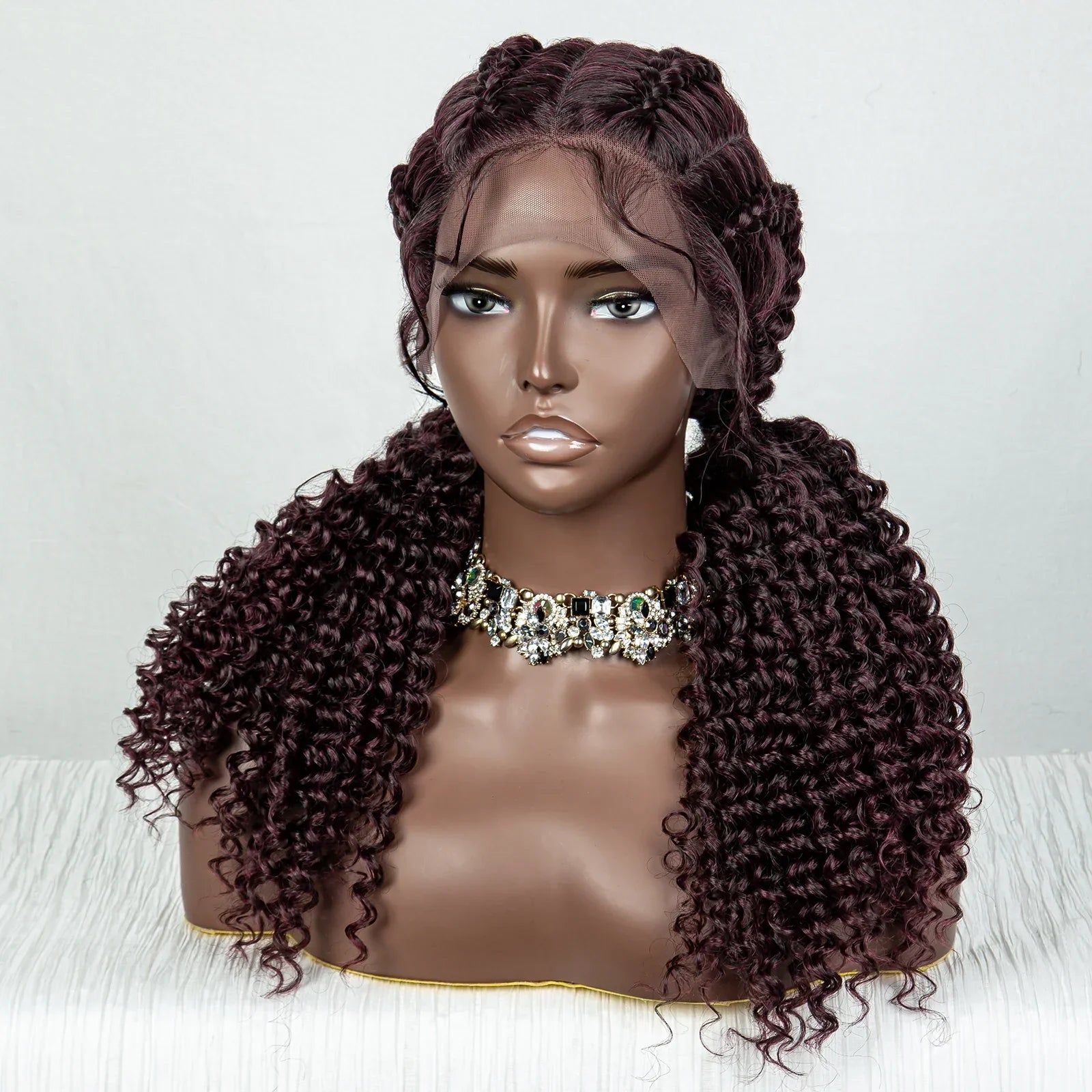 22" Box Braids Full Lace Wig | Two Curly Ponytails | Baby Hair | Synthetic Braided Wig