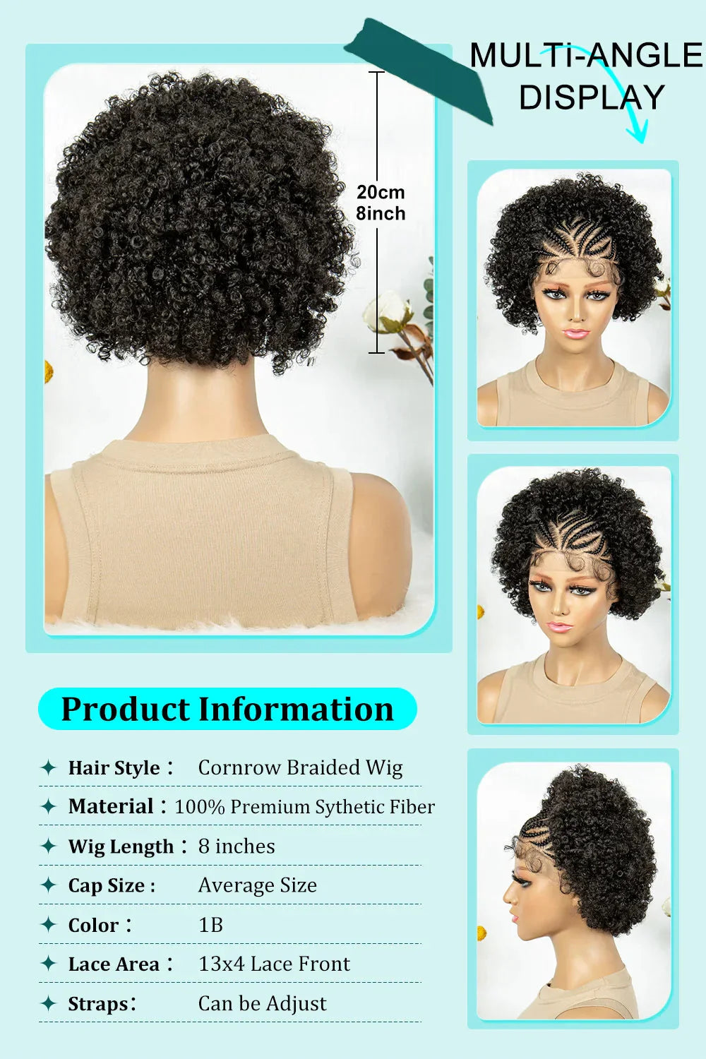 8" Afro Kinky Curly Bob Braided Wig | 13x4 Lace Frontal | Half Cornrows | Synthetic Braids for Black Women