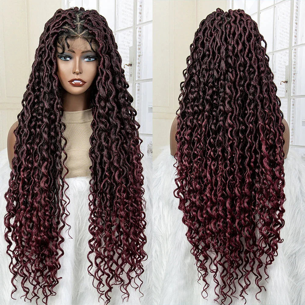 36" Knotless Dreadlock Braided Full Lace Wig | Curly Ends | Synthetic Locs Braids | Black Women