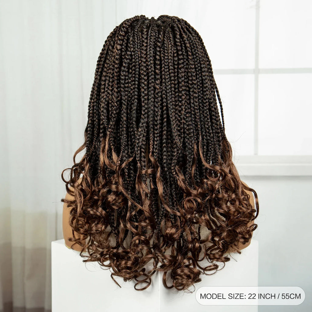 22" 1B/30 Ombre Knotless Braids Wig | Wavy Ends | Full Lace Boho Style