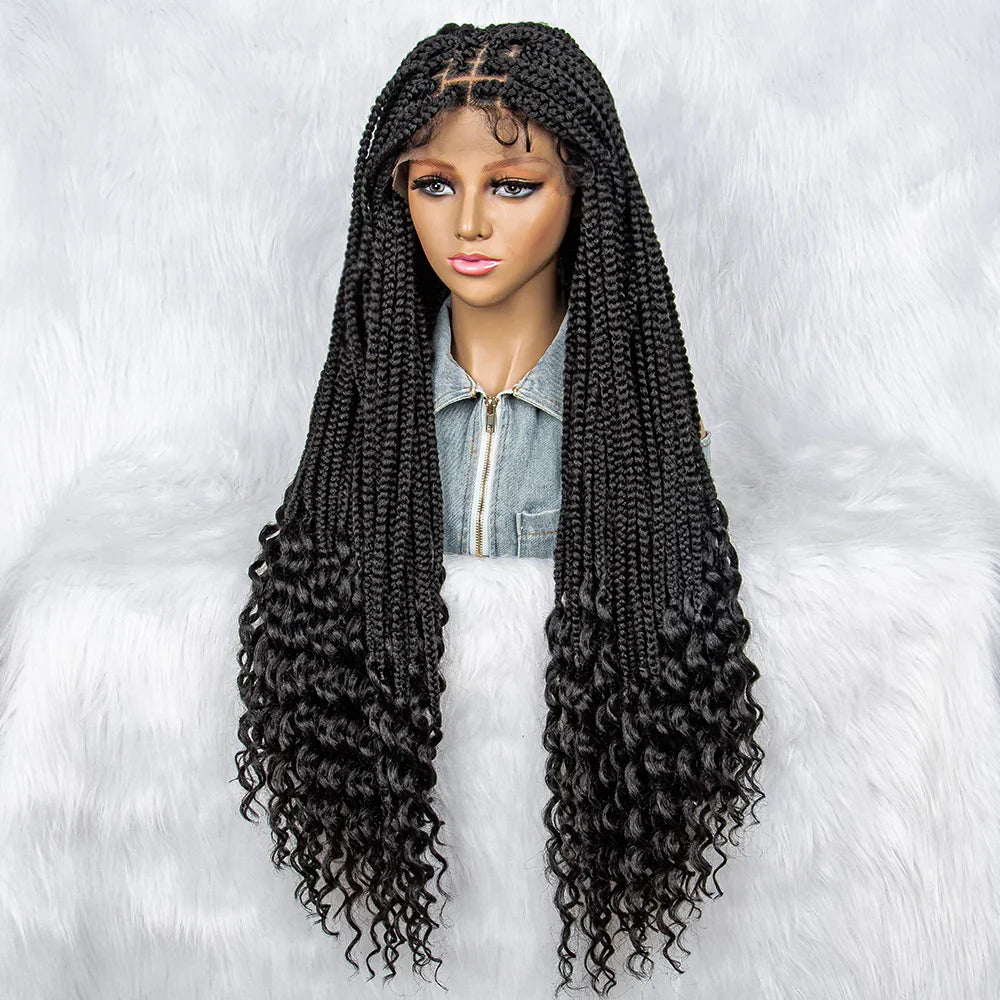 36" Knotless Cornrow Braids Wig | Lace Front with Curly Ends & Baby Hair
