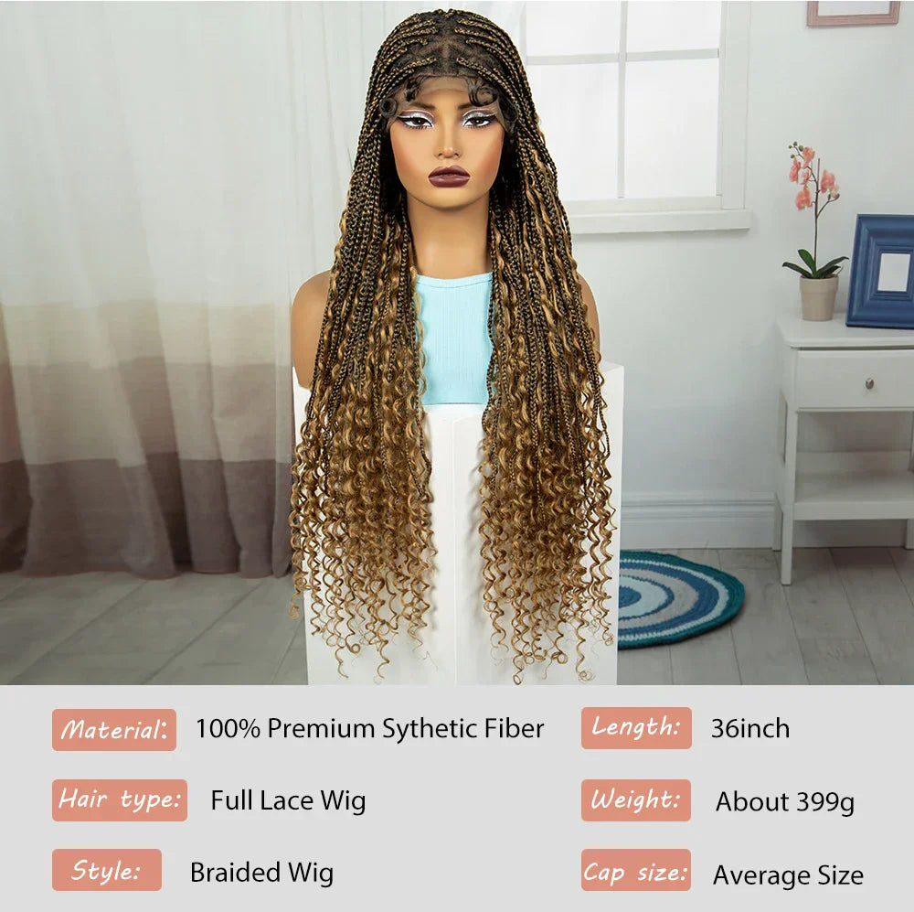 36" Ombre Boho Knotless Braids Wig | Curly Ends | HD Full Lace | Baby Hair