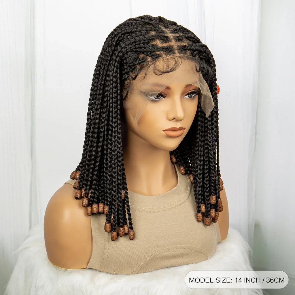 14" Short Bob Box Braided Wig with Beads | Knotless Braids | Synthetic Lace Front Wig | Baby Hair
