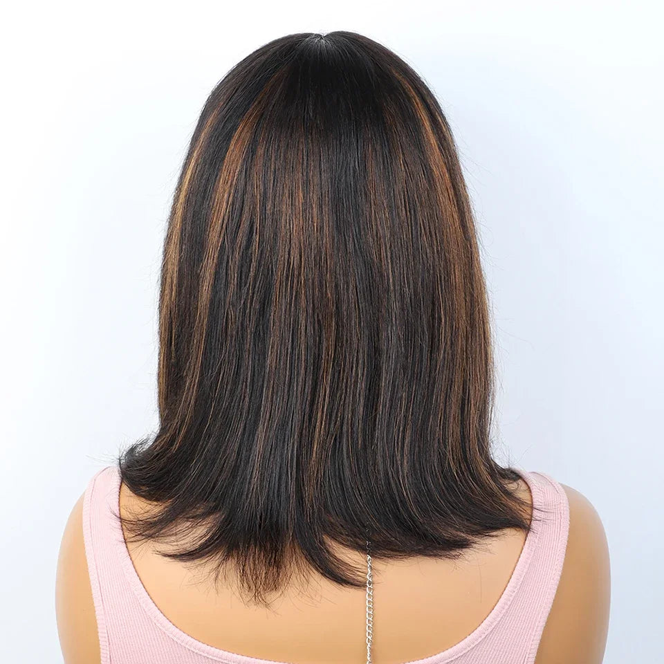 #27 Brown Straight Bob Wig with Bangs | Human Hair Lace Top & Realistic Scalp