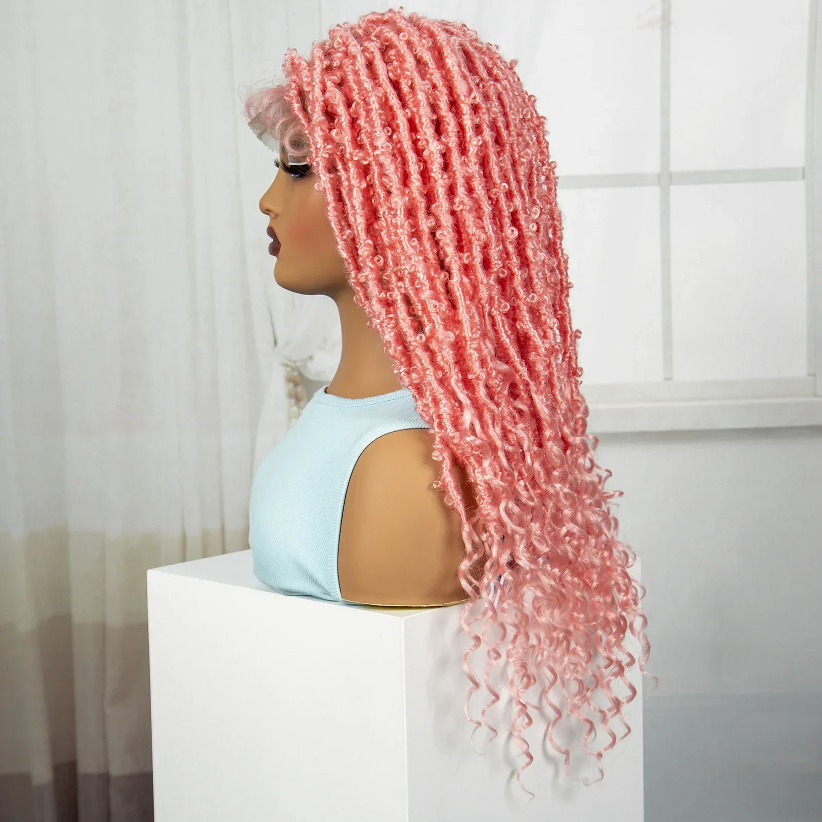 22" Pink Knotless Box Braids Wig with Curly Ends | Transparent Full Lace | Baby Hair