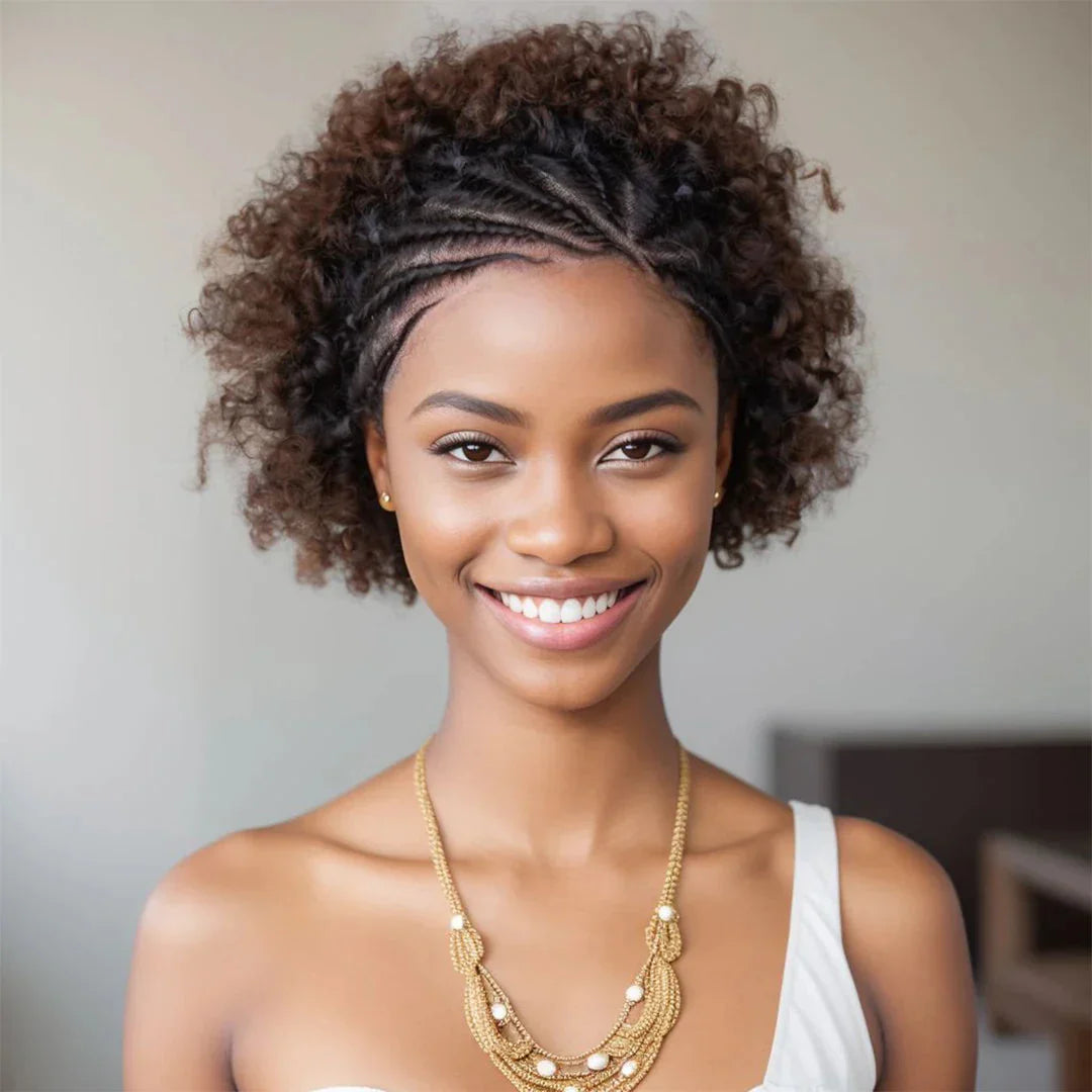 6" Afro Curly Braided Lace Front Wig | 250% Density | Brazilian Remy Hair | Short Curly Wig