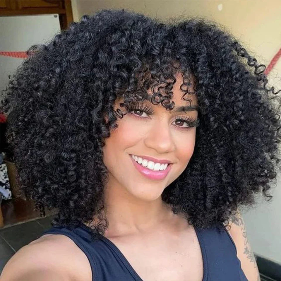 250% Density Afro Kinky Curly Wig with Bangs | Brown Glueless Human Hair