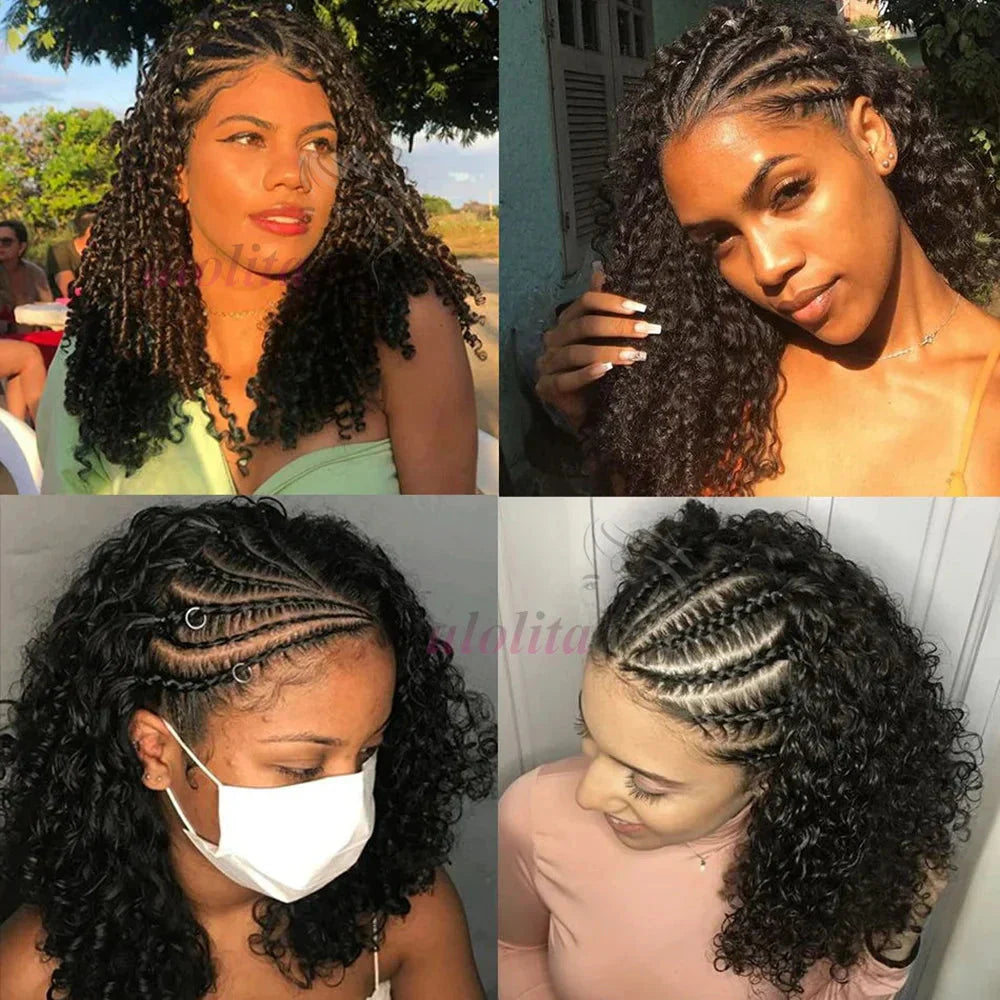 13x4 Human Hair Deep Curl Locs Wig | Knotless Braided Bob | 210 Density | Remy Mongolian Hair