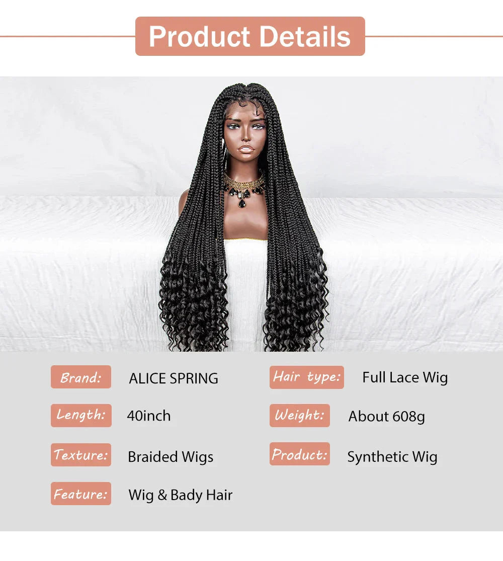 36" Curly End Box Braided Full Lace Wig | Straight Cornrows | Kanekalon Synthetic Braids