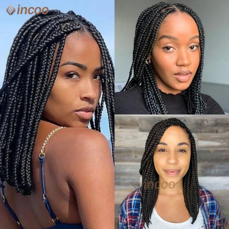 10" Short Bob Box Braided Wig | 360 Full Lace | Cornrow Accents | Synthetic Braids for Black Women
