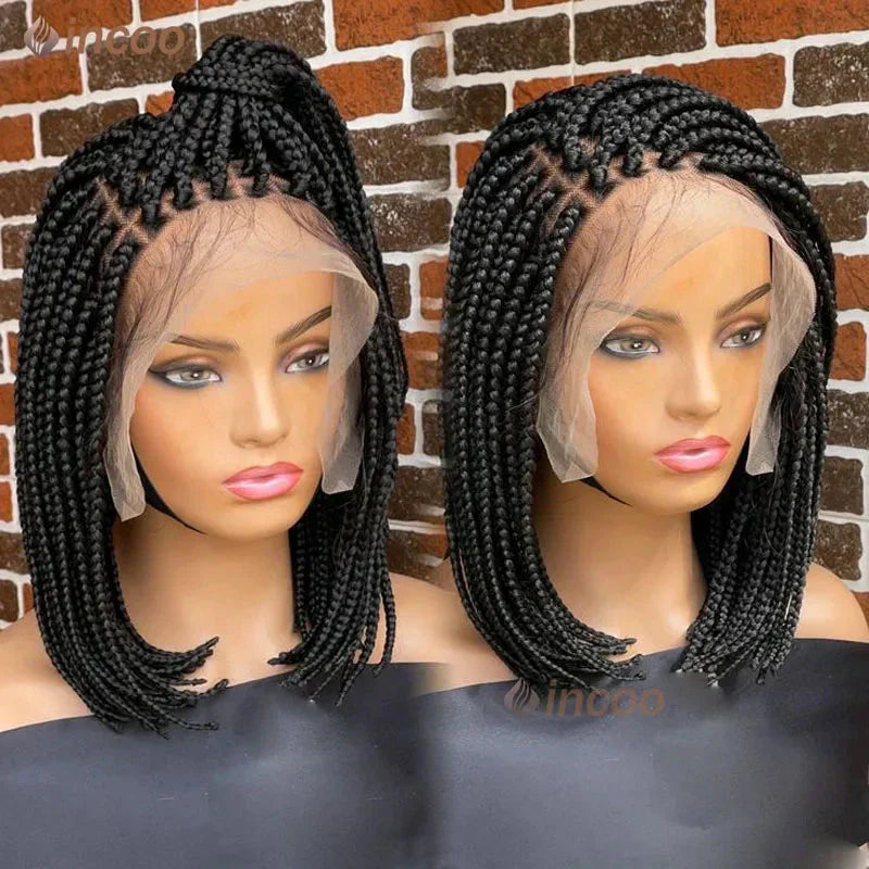 10" Short Bob Box Braided Wig | 360 Full Lace | Cornrow Accents | Synthetic Braids for Black Women