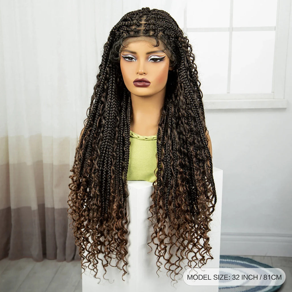 36" Knotless Box Braids Wig | Bohemian Style | Curly Ends | Lace Front | With Baby Hair | For Black Women