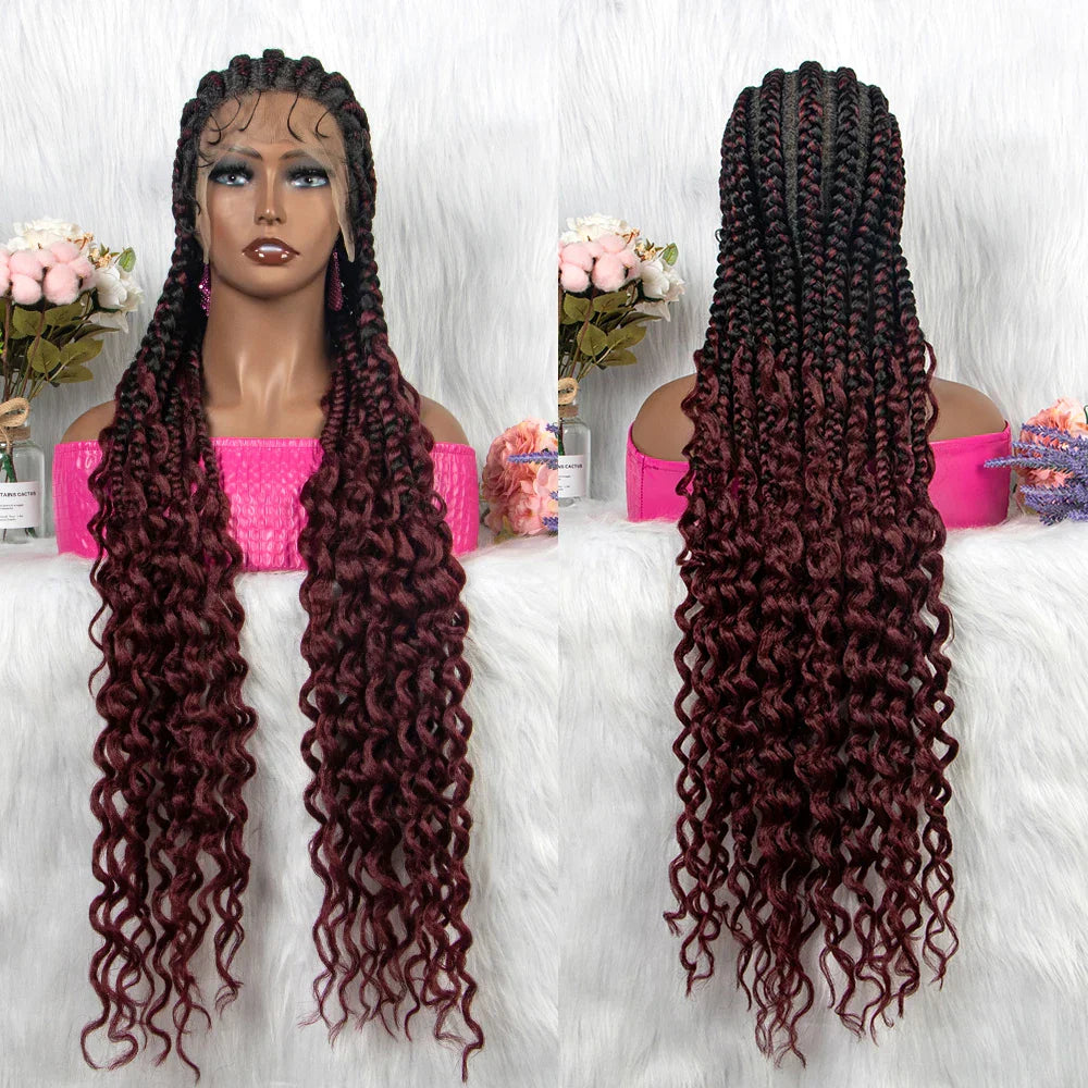36" Cornrow Braids Wig with Curly Ends | Transparent Full Lace | Baby Hair