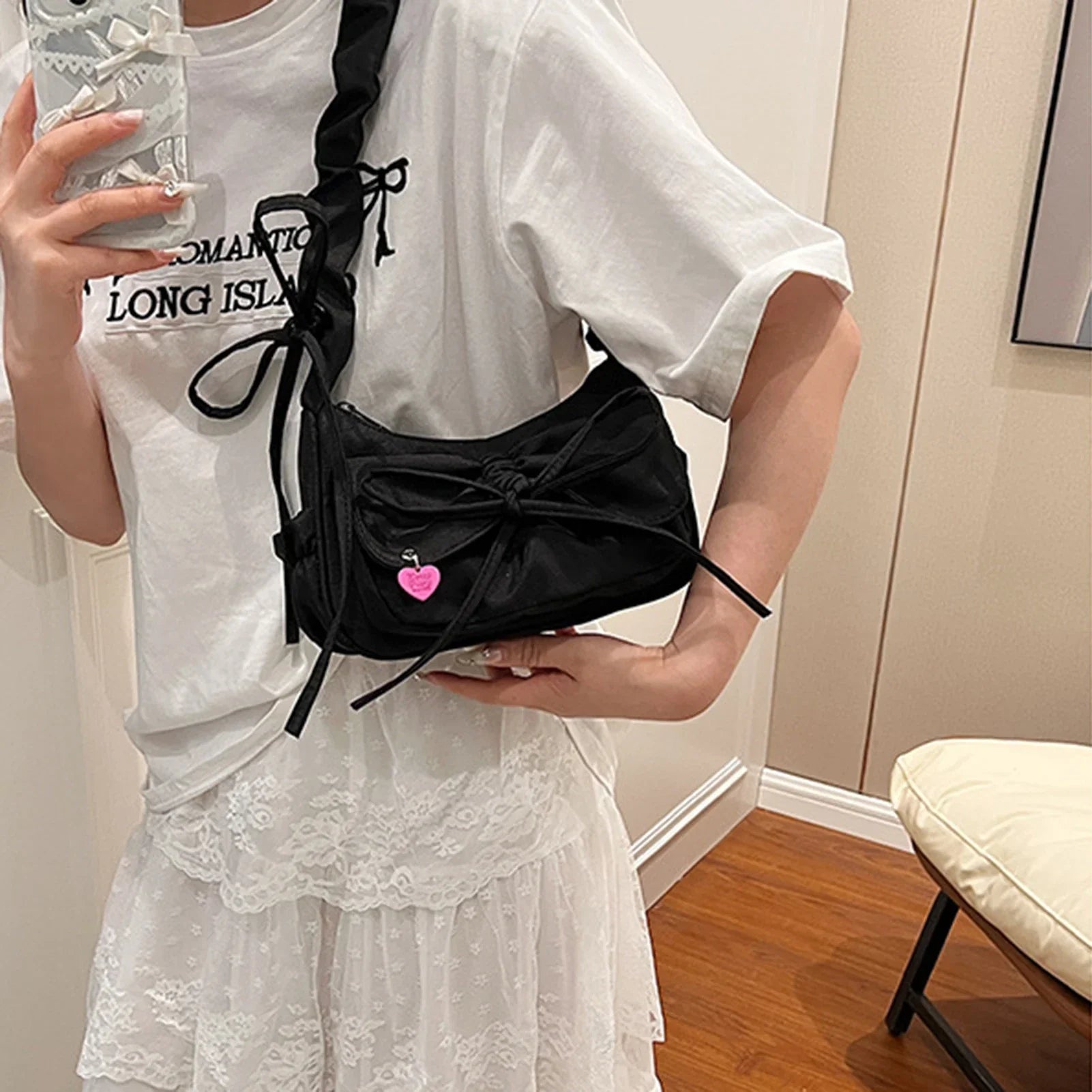1Pcs/lot Black Bow Casual Shoulder Bag for Women | Korean Style Washed Denim Summer Handbag (Exquisite Gift for Ladies)