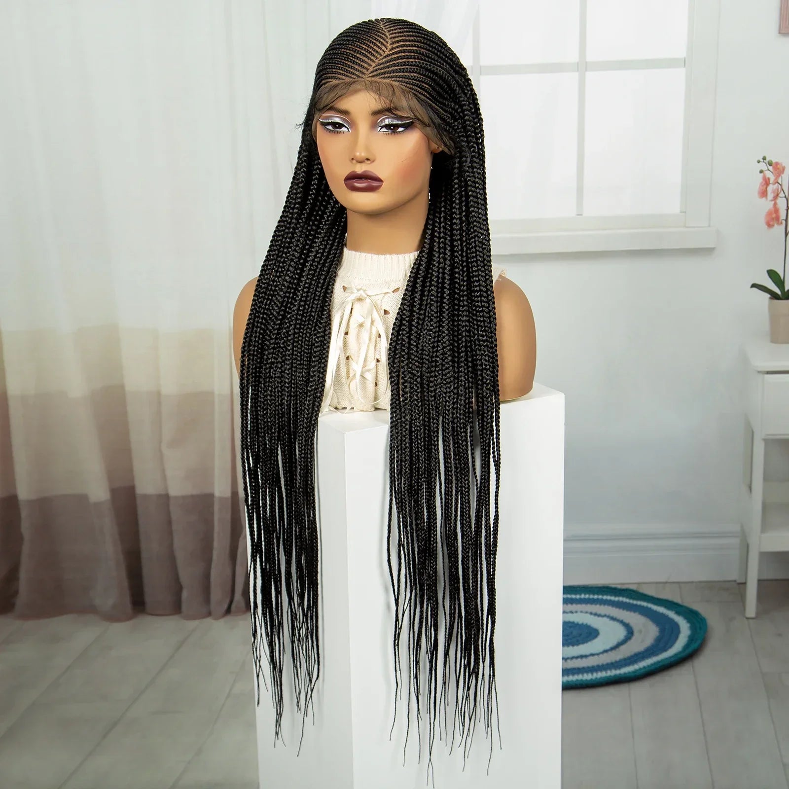 36 Inch Full Lace Braided Wig - Handmade Cornrow Braids with Baby Hair - Synthetic Lace Front Braided Wig for Black Women