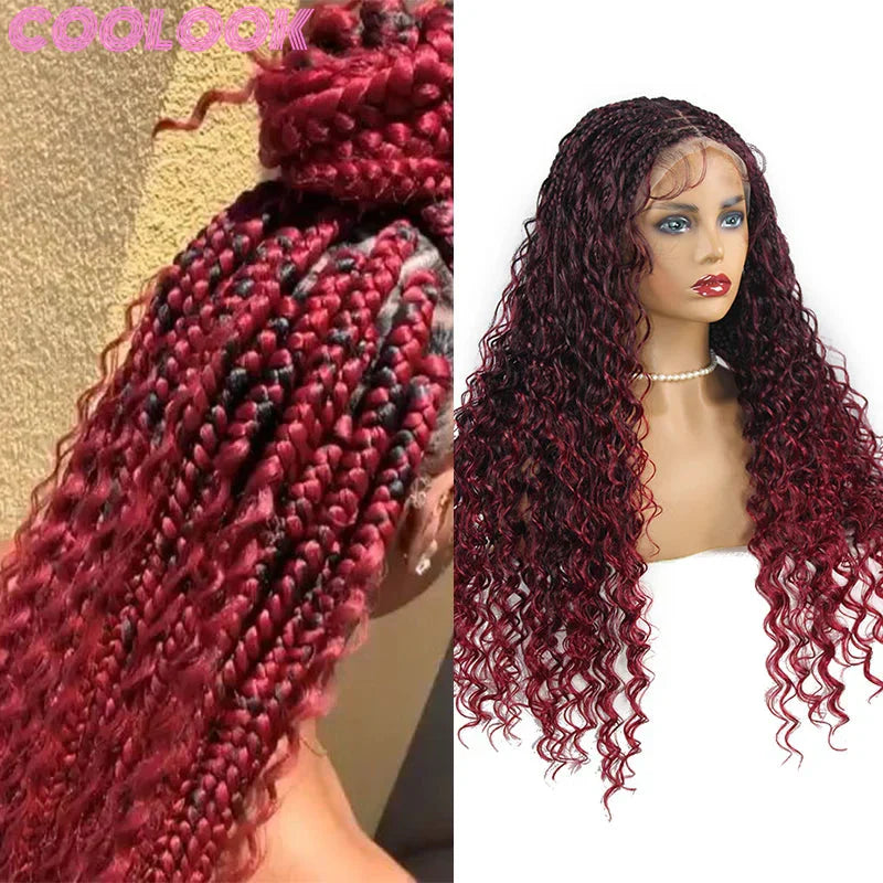24" Boho Box Braids Lace Frontal Wig | Deep Wave Goddess Braids | Curly Ends | Black Full Lace Synthetic Wig