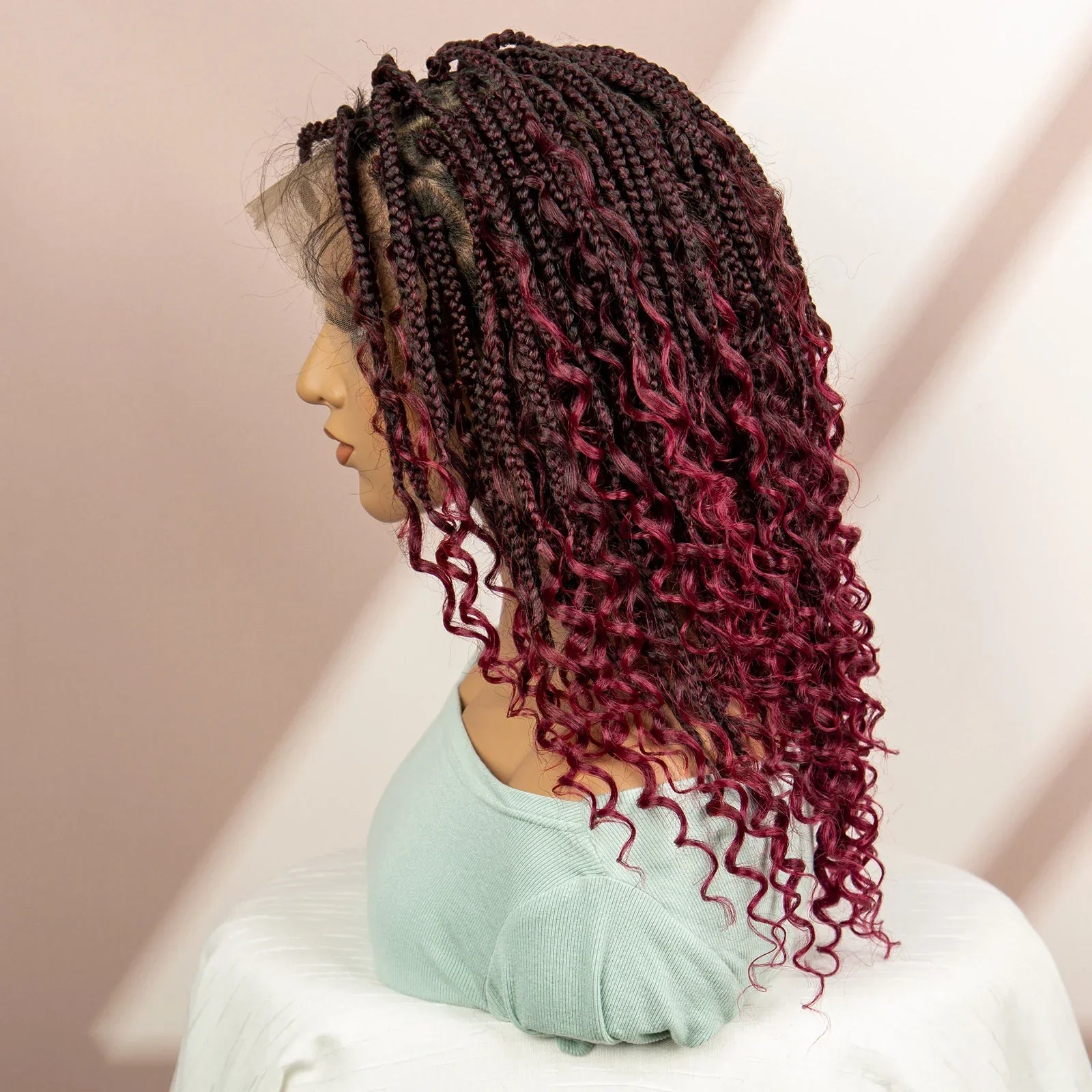 99J Burgundy Knotless Box Braids Wig with Curly Ends | Full Lace