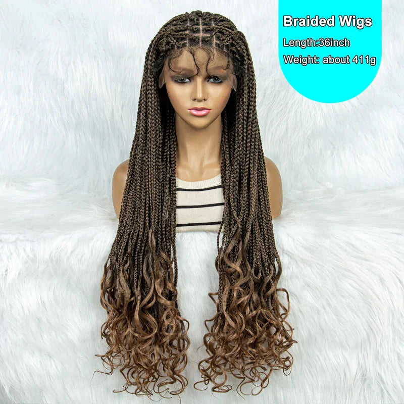 36 Inch Synthetic Braided Wigs Knotless Boho Braided Lace Wigs with Curly Ends Lace Front Braiding Hair Wig for Black Women