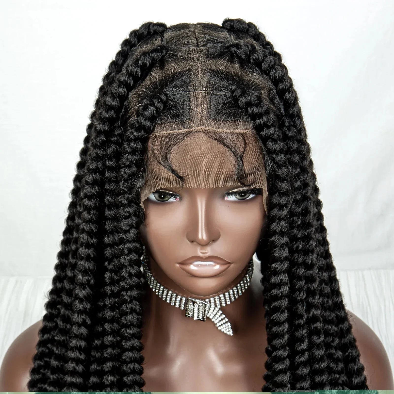 34" Jumbo Box Braids Wig | Full Lace | Cornrow Accents | Natural Color | Kanekalon