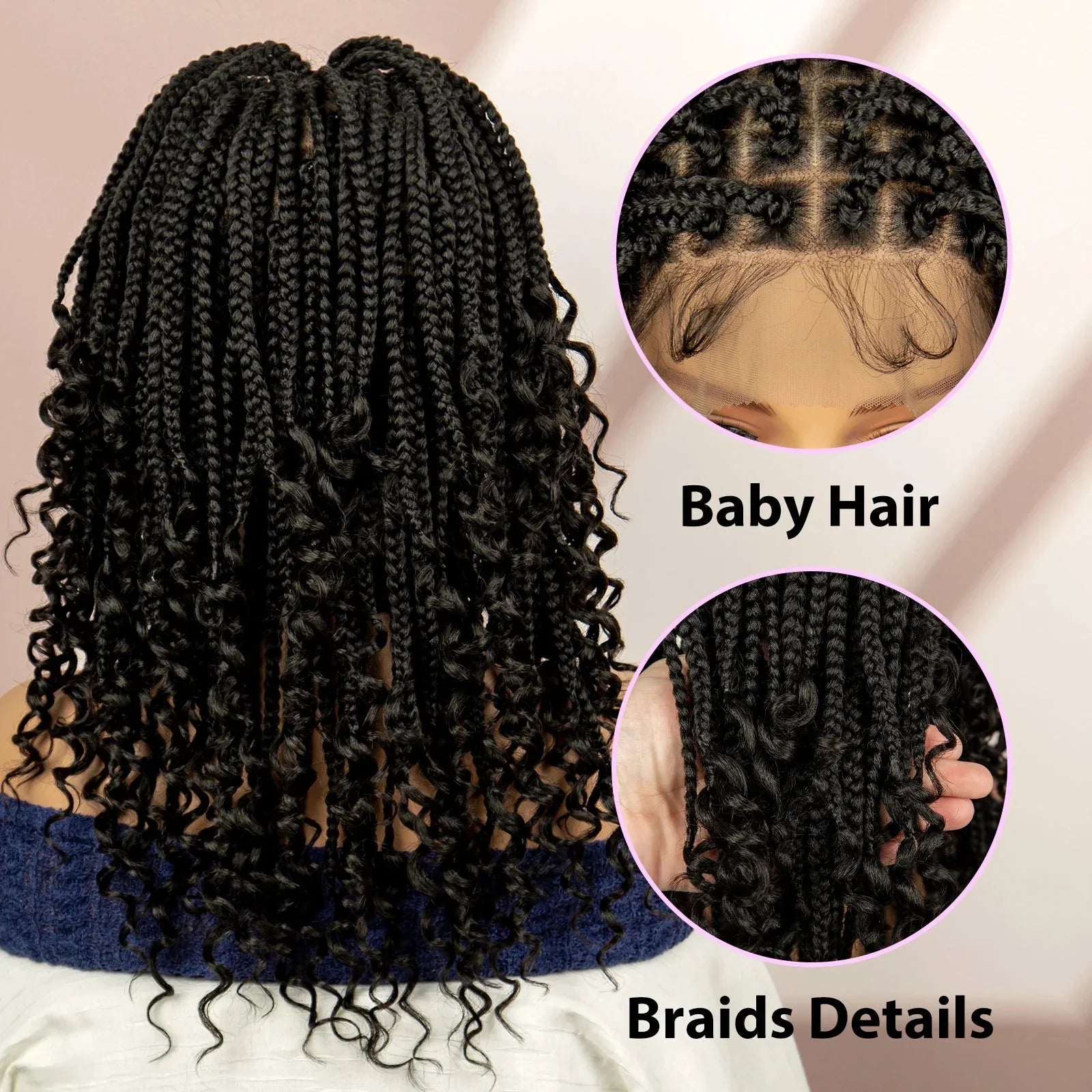 16" Short Brown Box Braided Full Lace Wig | Curly Ends | African Braids | Black Women