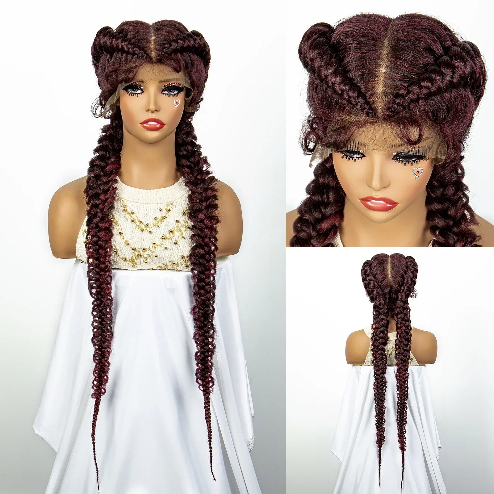 1B/30 Dark Brown Dutch Box Braids Wig | Synthetic Lace Frontal | Fishtail Braids | With Baby Hair | For Black Women