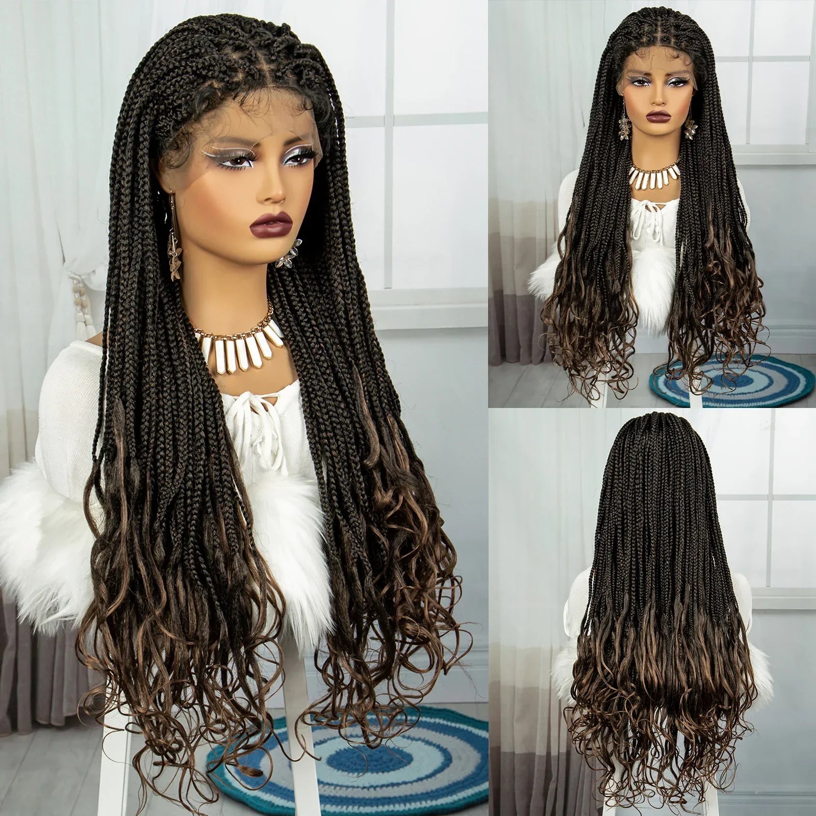 36" Knotless Box Braids Wig with Wavy Ends | Blended Braids | Lace Front