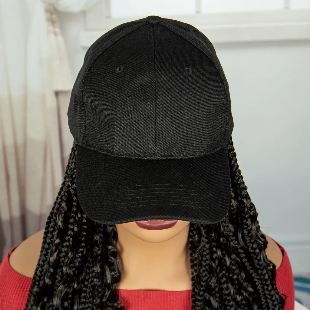 28" Curly Knotless Box Braids Hat Wig | Synthetic Baseball Cap Wig