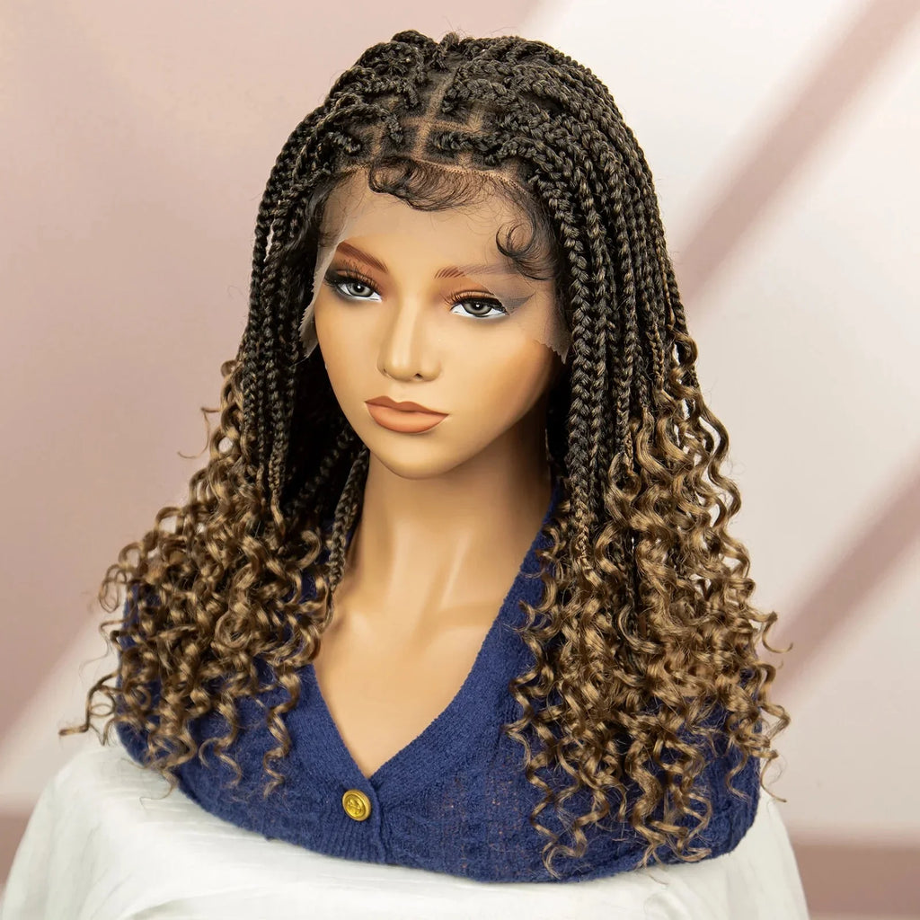 16" Short Brown Box Braided Full Lace Wig | Curly Ends | African Braids | Black Women