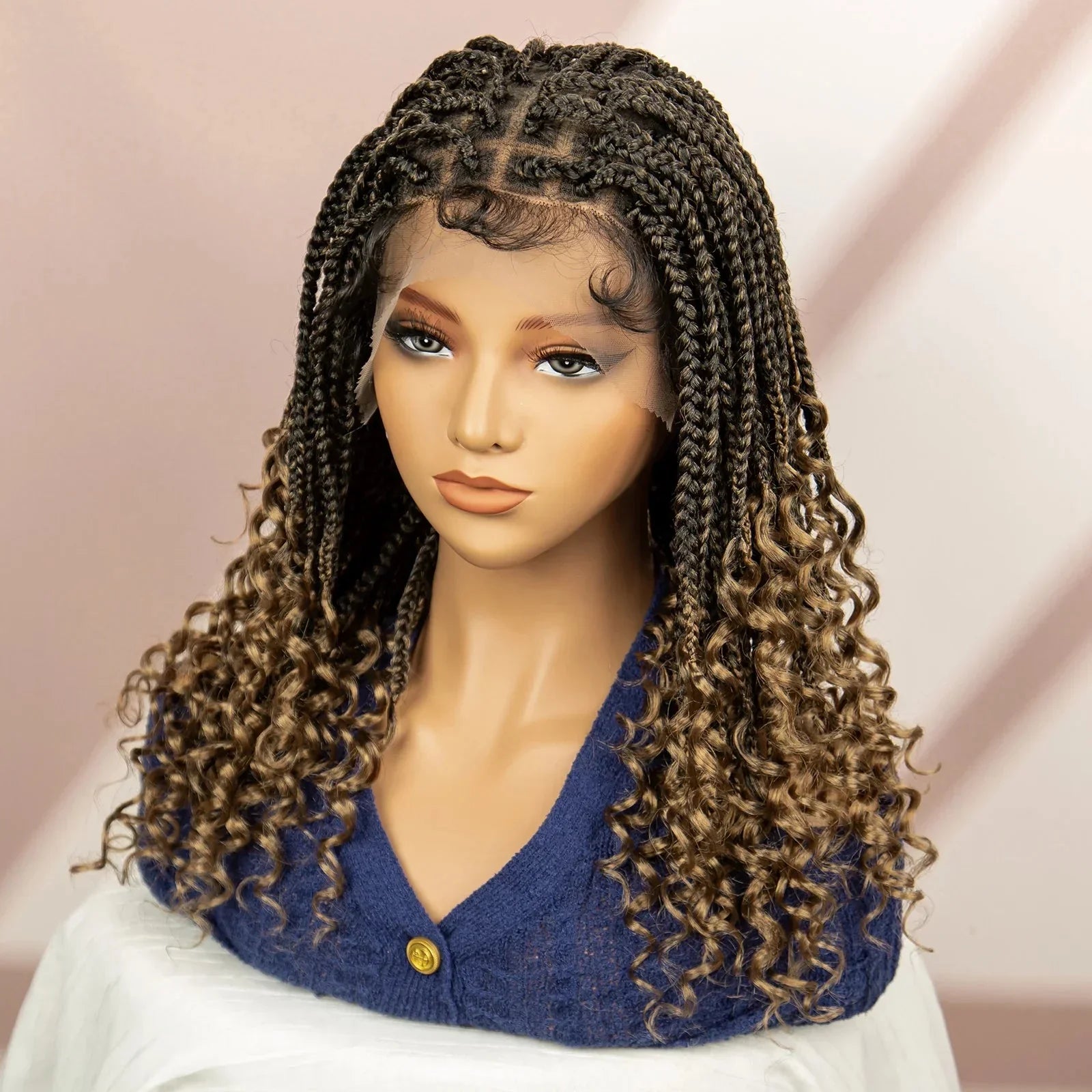 16" Short Brown Box Braided Full Lace Wig | Curly Ends | African Braids | Black Women