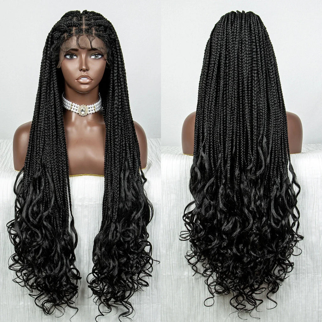 36" Water Wave Braided Wig | Lace Front | Baby Hair | Long Braids