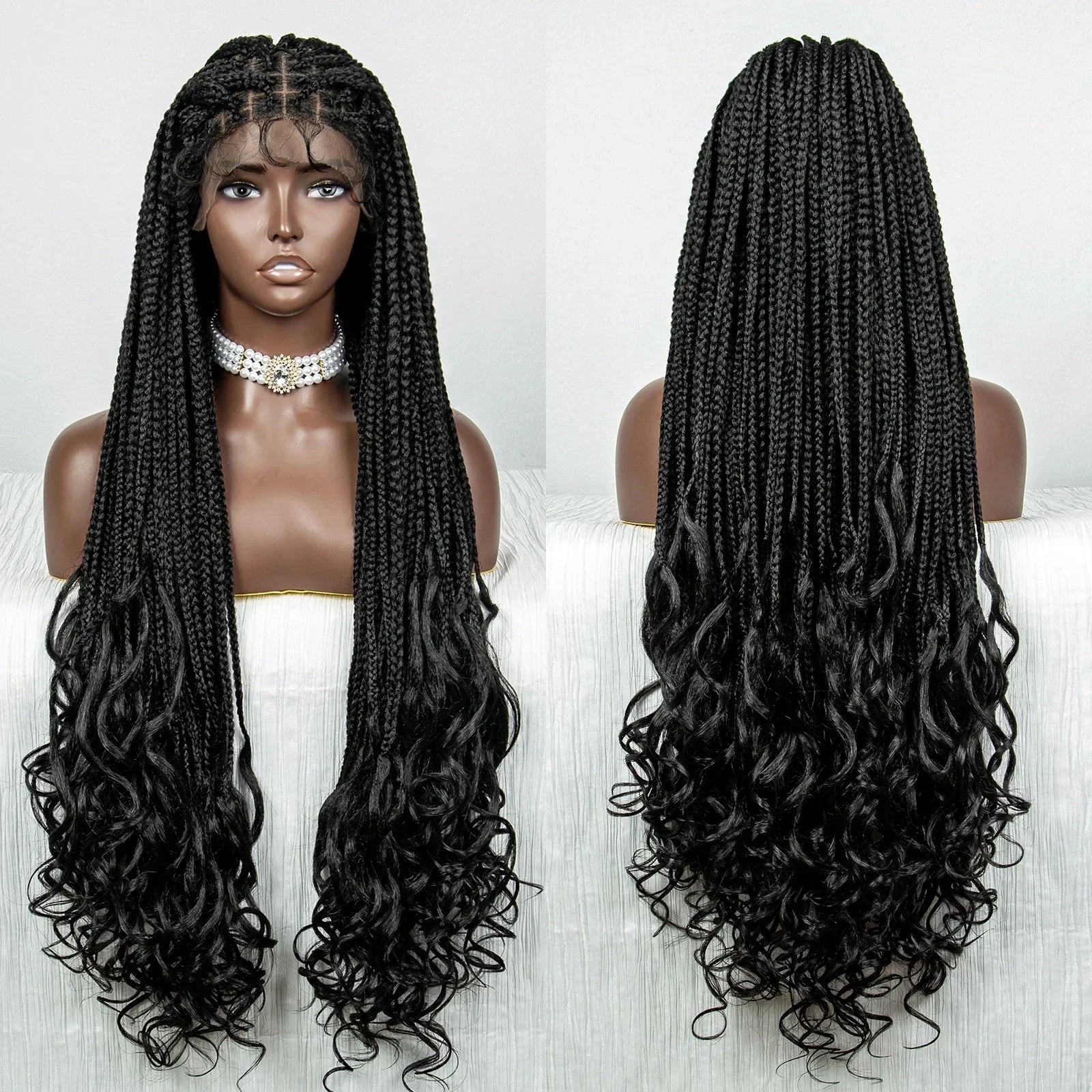 36" Water Wave Braided Wig | Lace Front | Baby Hair | Long Braids