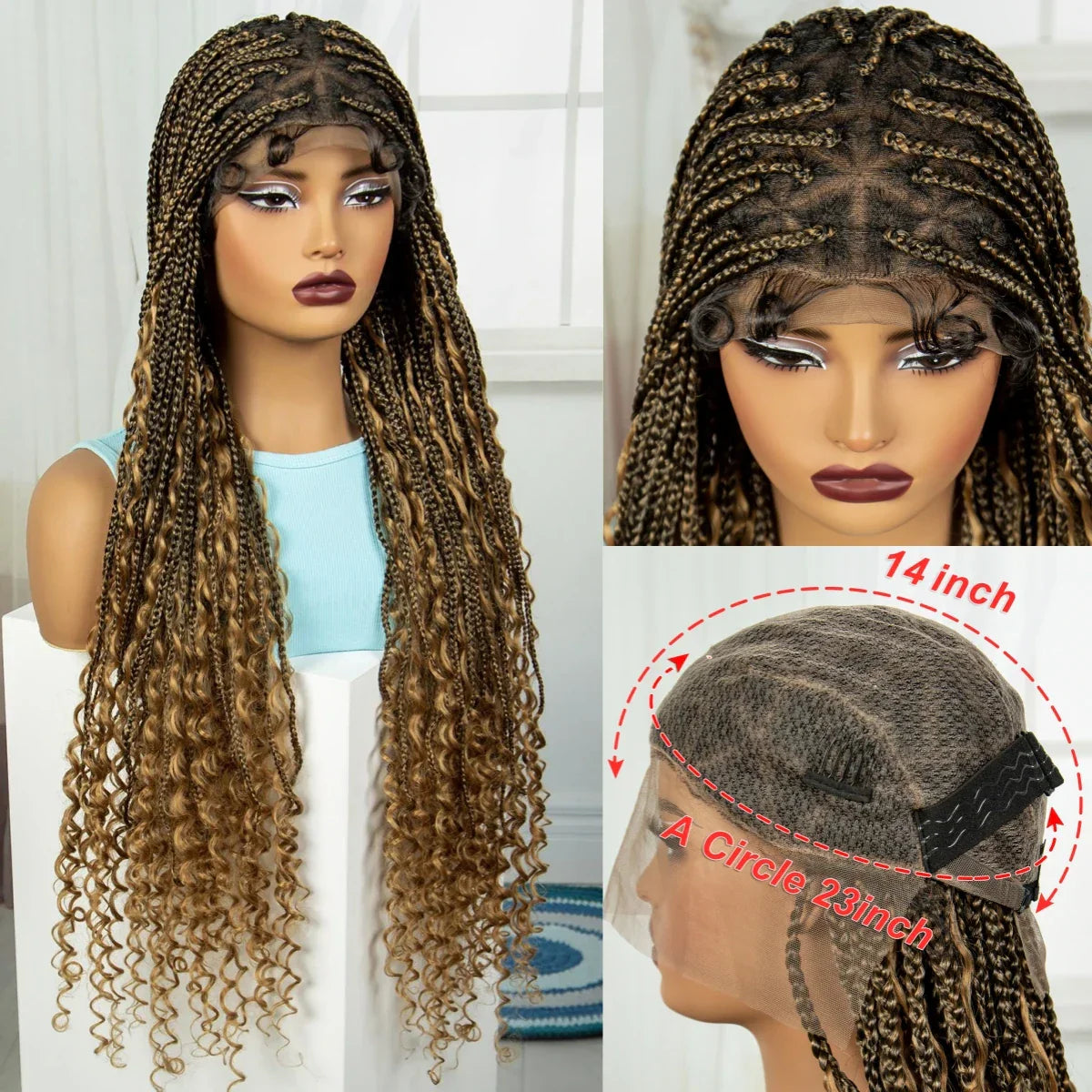 36" Ombre Boho Knotless Braids Wig | Curly Ends | HD Full Lace | Baby Hair
