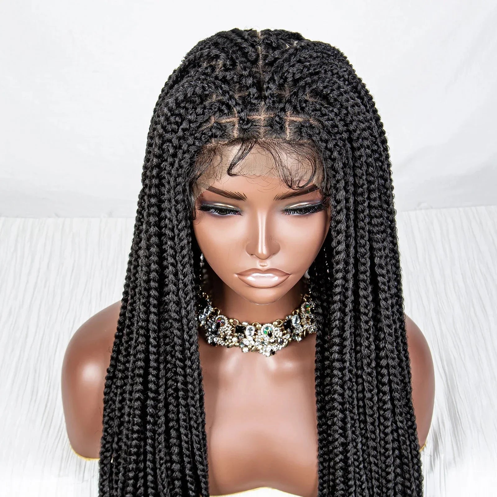 36" Curly End Box Braided Full Lace Wig | Straight Cornrows | Kanekalon Synthetic Braids