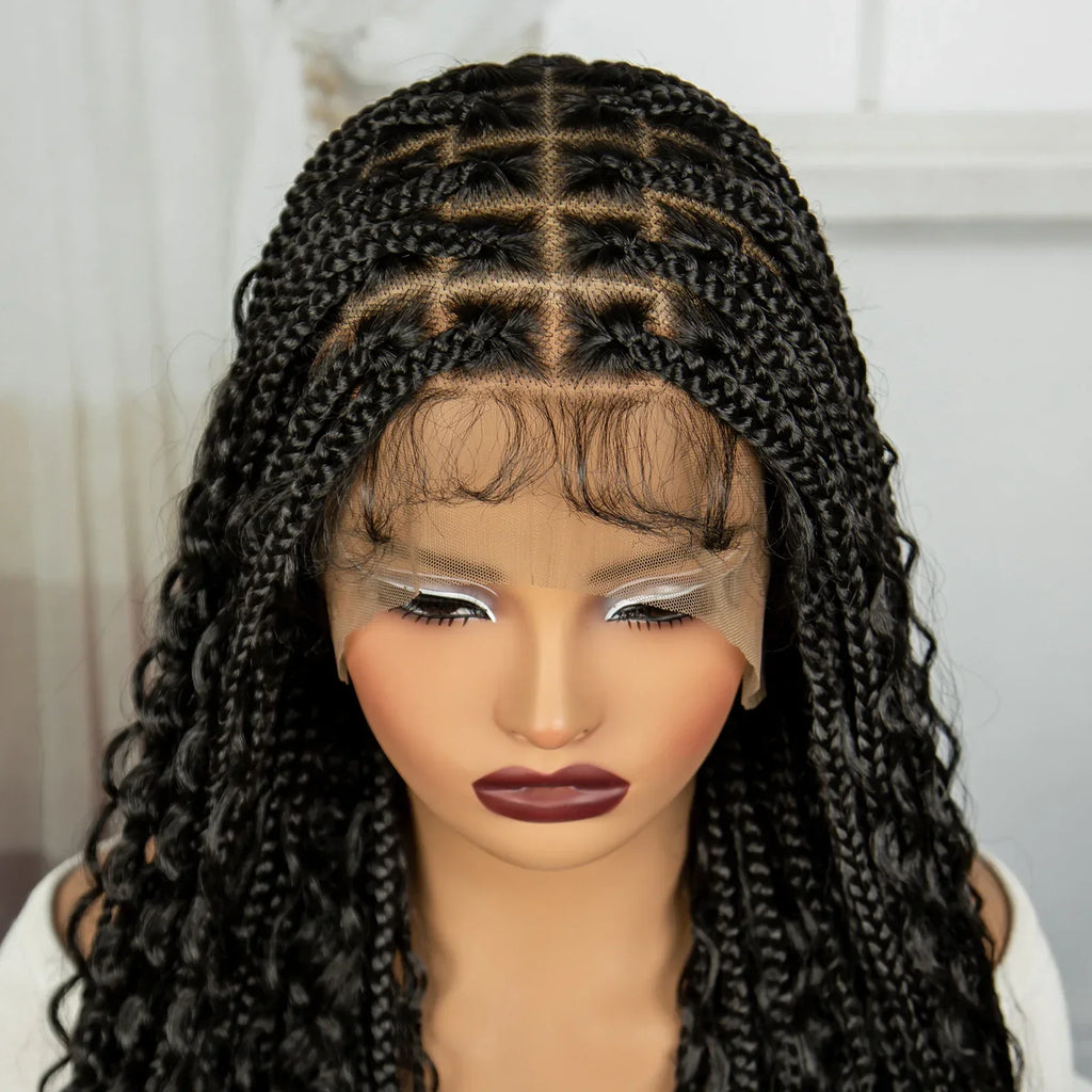 36" Long Boho Knotless Braids Wig | Curly Ends | Full Lace | Baby Hair