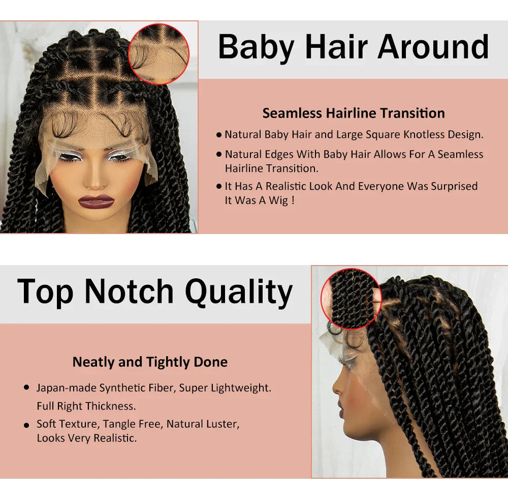 34" Knotless Box Twist 360° HD Full Lace Wig | Baby Hair | Twisted Braids | Black Women