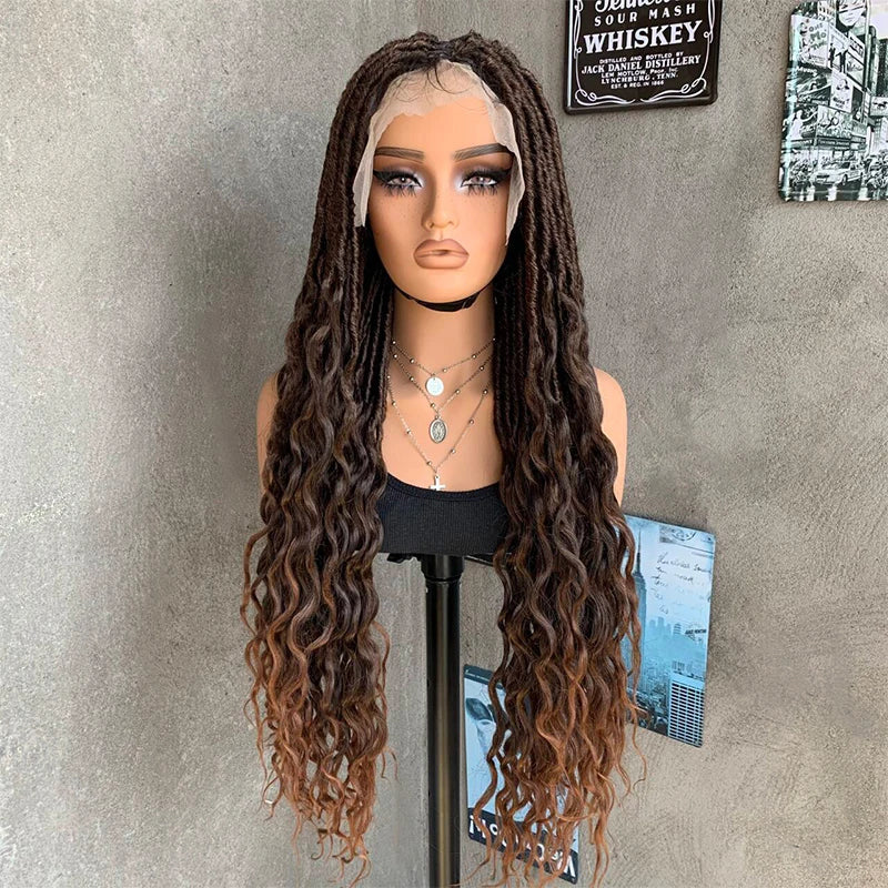 22" Curly End Box Braided Full Lace Front Wig | Goddess Locs | Bohemian Braids | Synthetic Wig