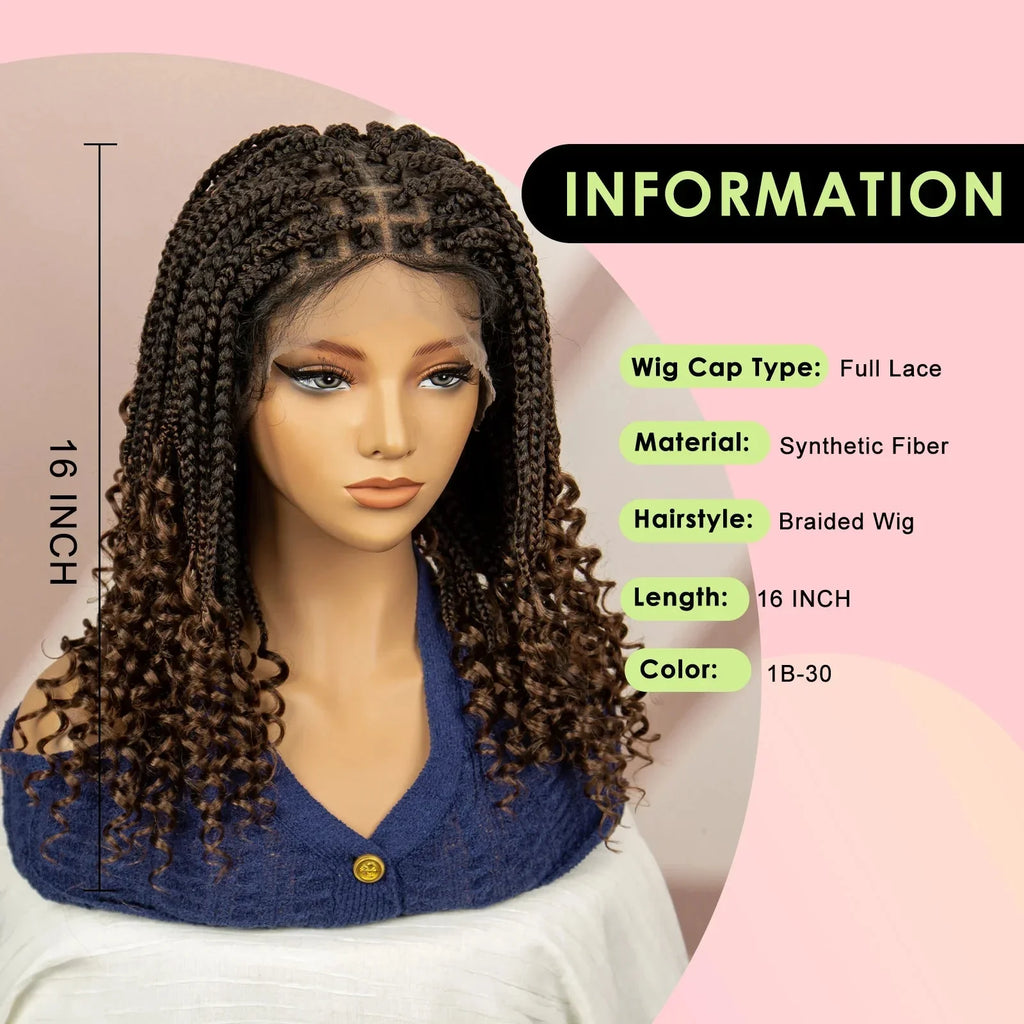 16" Short Brown Box Braided Full Lace Wig | Curly Ends | African Braids | Black Women