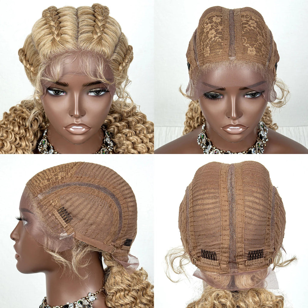 22" Box Braids Full Lace Wig | Two Curly Ponytails | Baby Hair | Synthetic Braided Wig