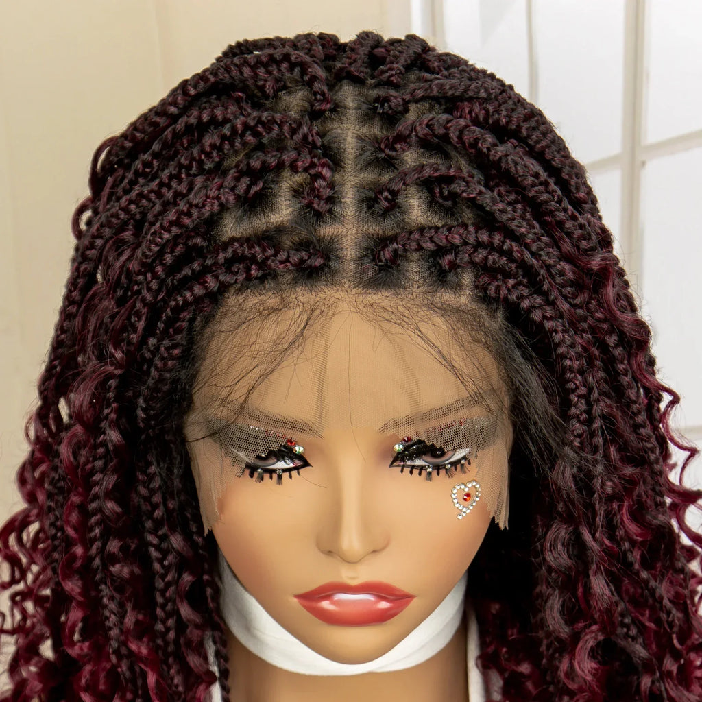 14" Burgundy Box Braids Wig | Full Lace | Kanekalon Fiber | Boho Braids | For Women