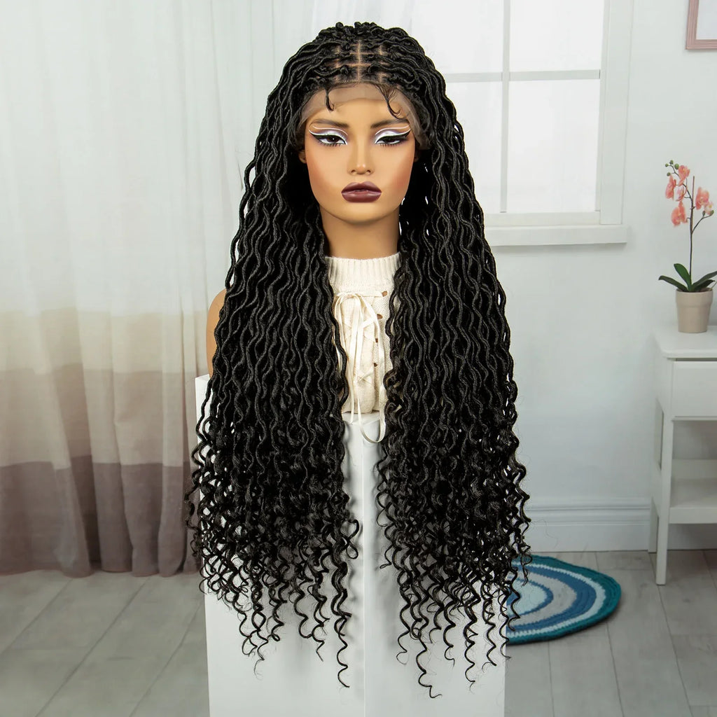 32" Water Wave Dreadlocks & Knotless Braids Wig | Lace Front | Baby Hair