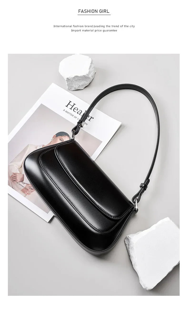 100% Genuine Leather Women's Shoulder Bag | Korean Style Ladies Luxury Cow Leather Crossbody & Armpit Handbag for Street Shopping