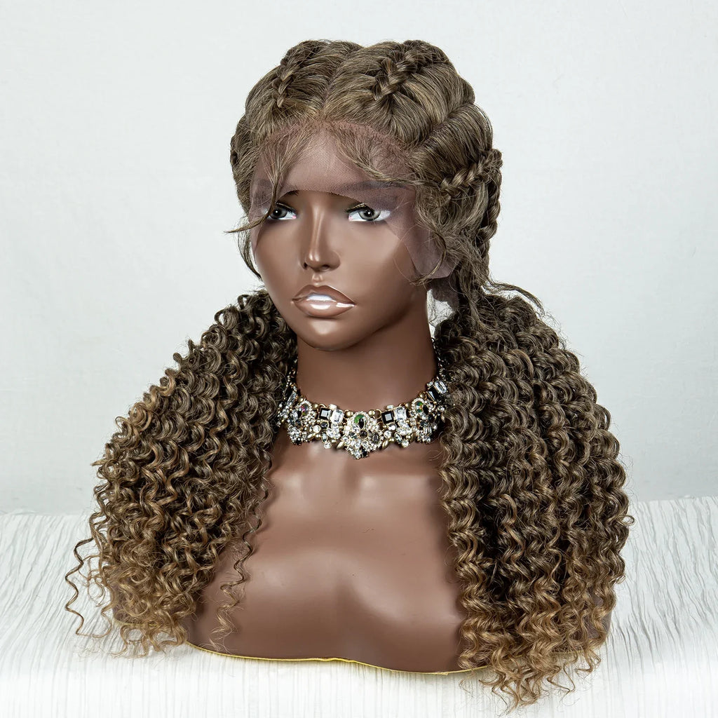 22" Box Braids Full Lace Wig | Two Curly Ponytails | Baby Hair | Synthetic Braided Wig