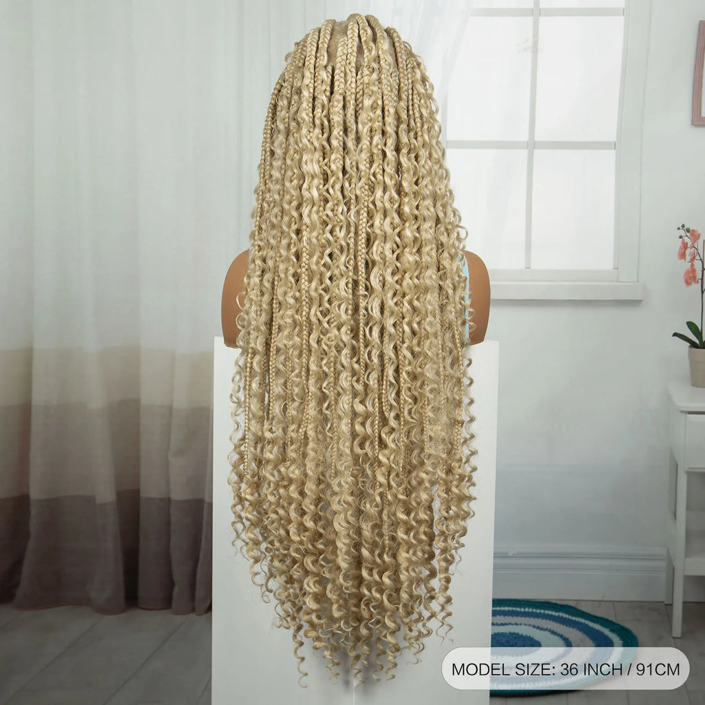 36 Inch Boho Knotless Box Braids Full Lace Wig | Transparent Lace Synthetic Braided Wig with Curly Ends