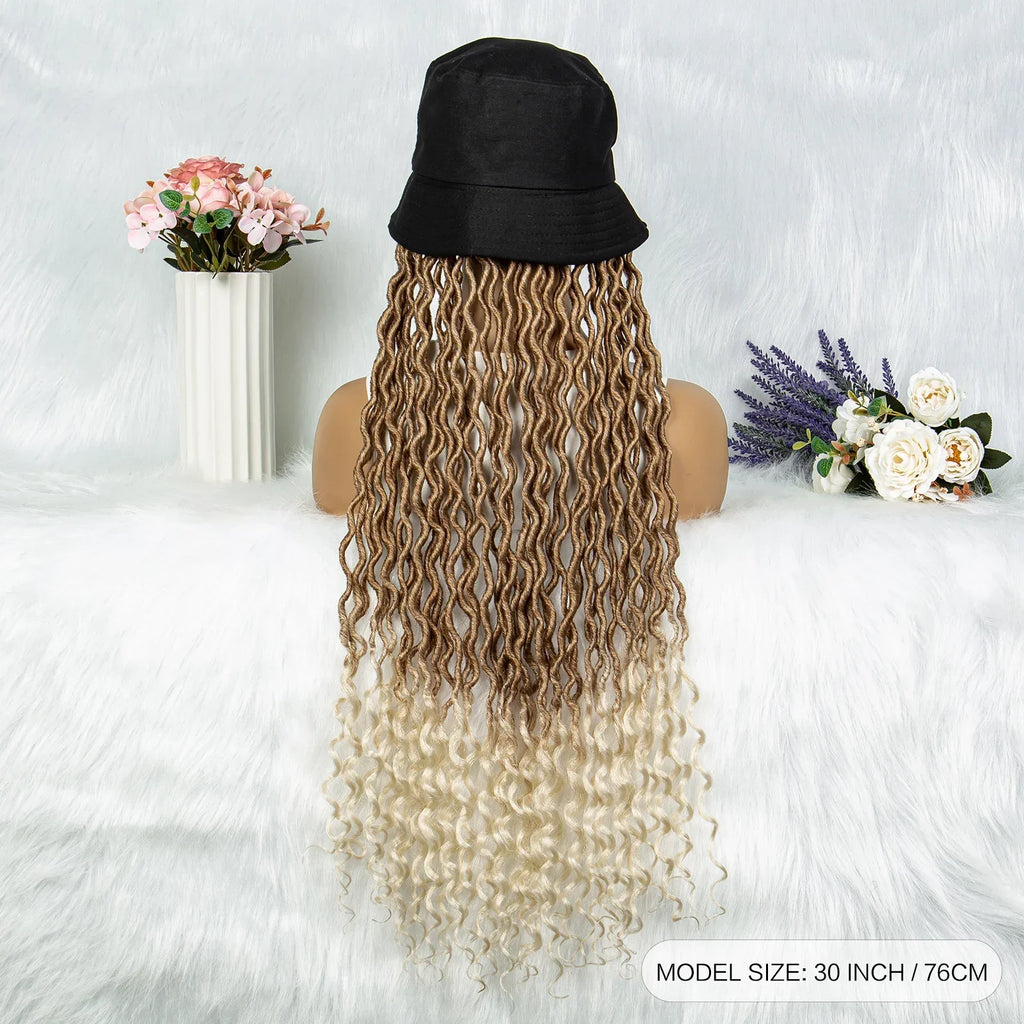 30" Crochet Afro Dreadlocks Bucket Hat Wig | Synthetic Braided Hair | Curly Ends | Black Women