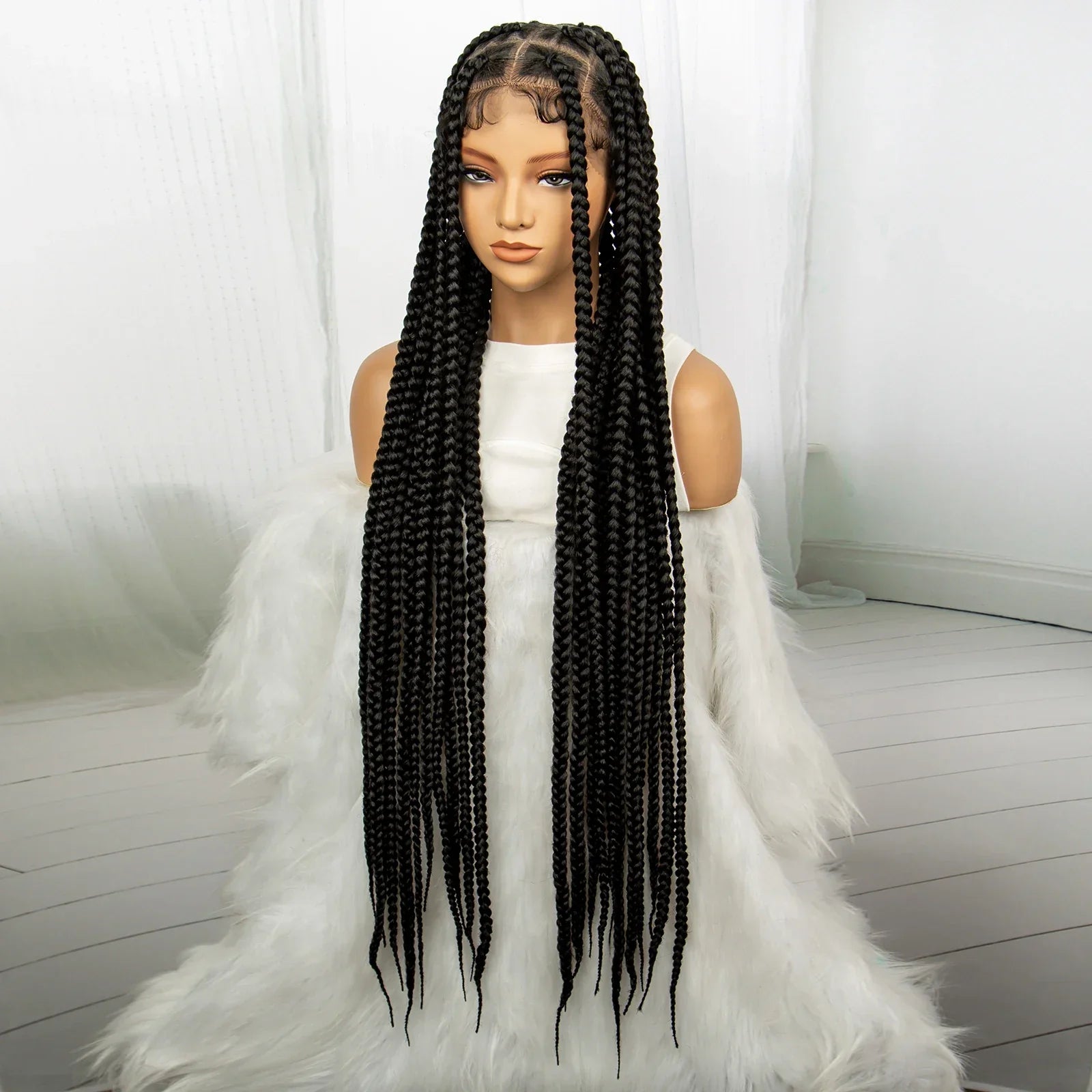 34" Knotless Box Braids Full Lace Wig | Transparent Lace | Long Black Synthetic Braids | Black Women